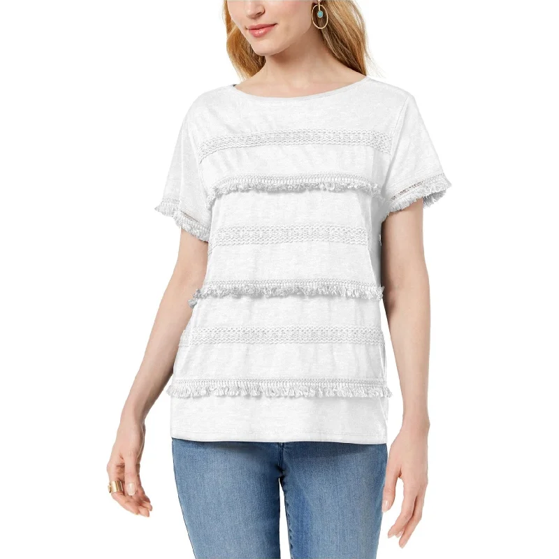 Style & Co. Womens Fringed Trim Basic T-Shirt, White, X-Large