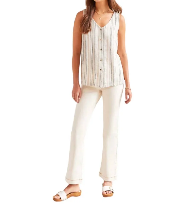 Linen Blend Stripe Button Tank Top In Beige