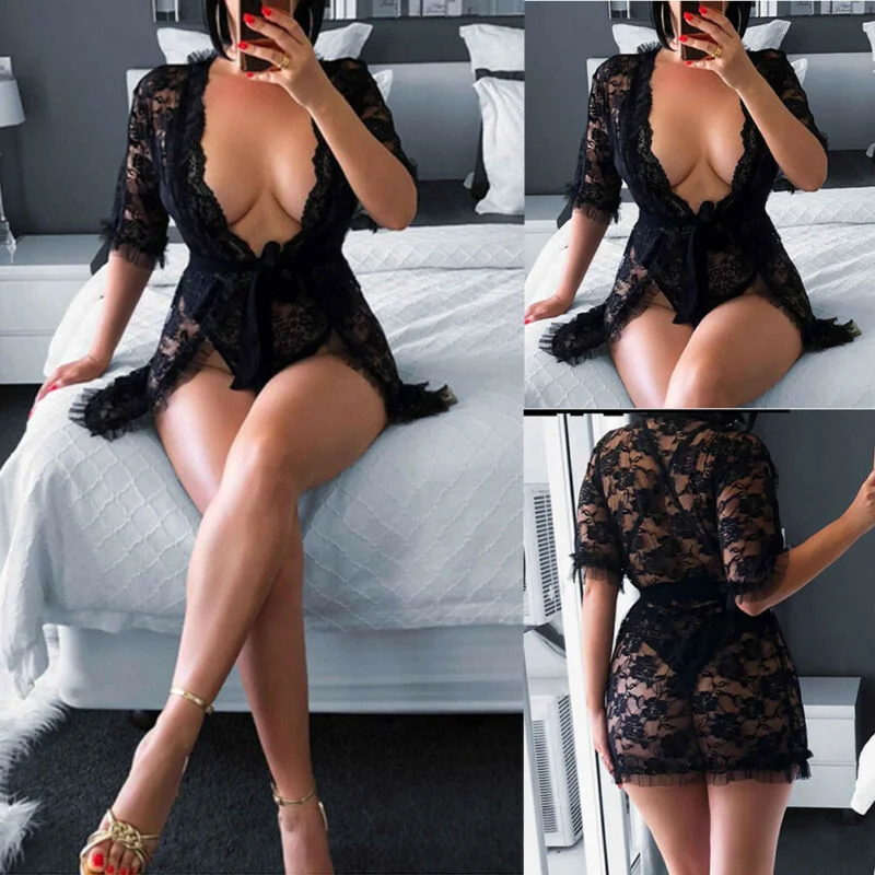 2019 Summer Fashion Ladies Sexy Black Lingerie Lace Sleepwear Women's G string Underwear Babydoll Nightwear