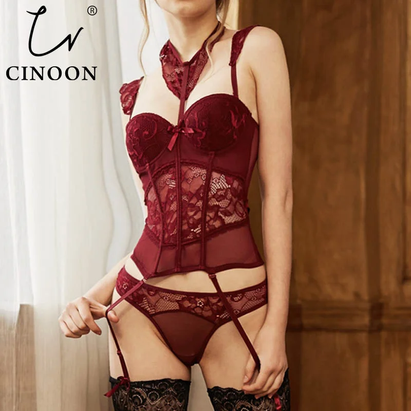 CINOON Sexy Corsets And Bustiers Lingerie Sexy Floral Lace Bustiers Charming Strappy Transparent Underwear Women 3 Pcs/Lot