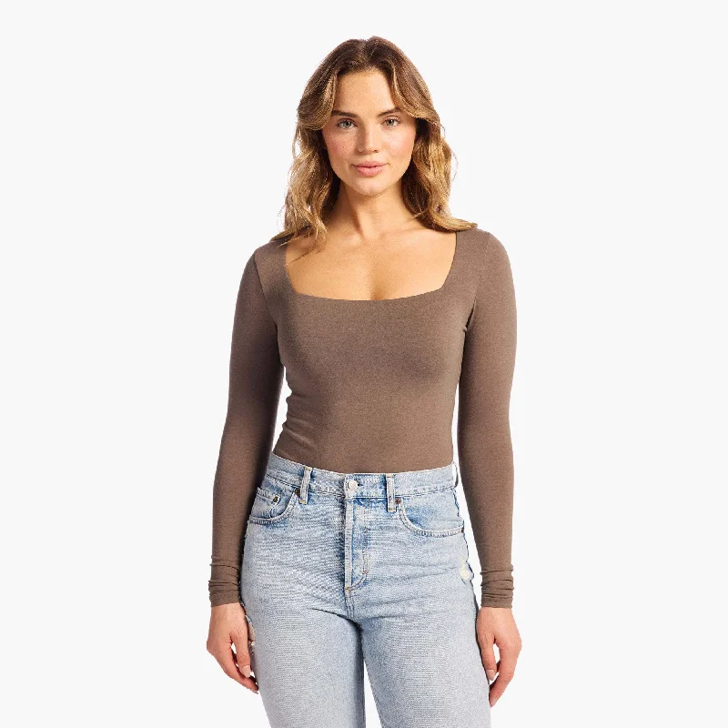 Cotton Stretch Long Sleeve Square Neck Bodysuit | Mocha