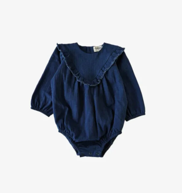 MY LITTLE COZMO BLUE DENIM RUFFLE TRIM ROMPER [FINAL SALE]