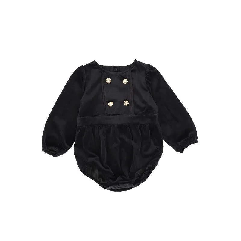 ONE CHILD BLACK VELOUR WAISTED BUTTON ROMPER [FINAL SALE]