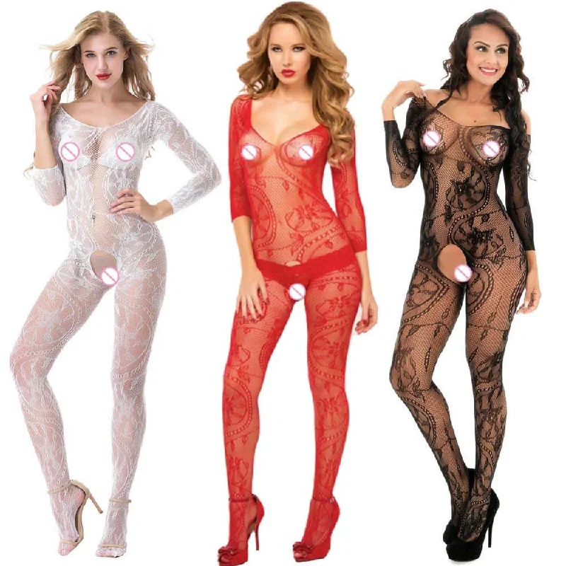 Swimsuit Lingerie Body Stocking See Through Sexy Flower Long Sleeve Women Babydoll Bikinis Set