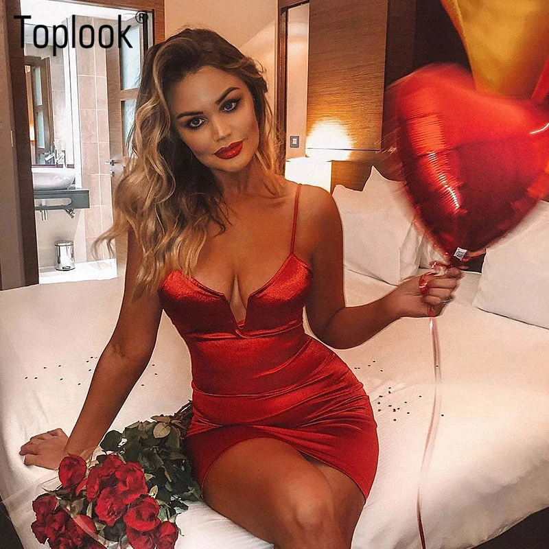 Toplook Bustier  Dresses Sexy Women Deep V Neck Satin Booty Dress Fitness high waist Party Night Club Mini Outfits 2019 Vestidos