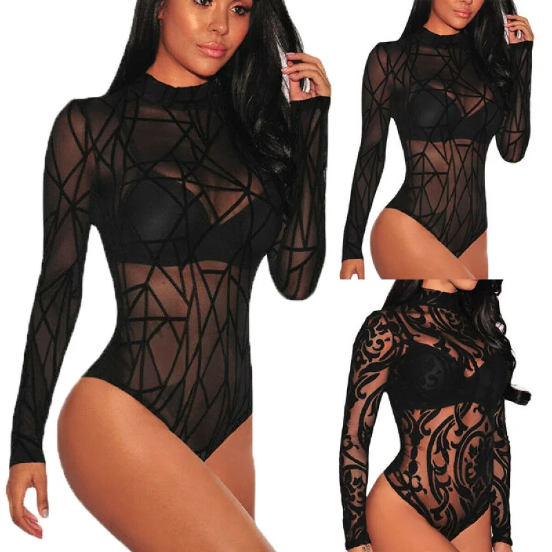 Women Sexy Sheer Mesh Lace Jumpsuit Long Sleeve Top Turtleneck Bodysuit USA